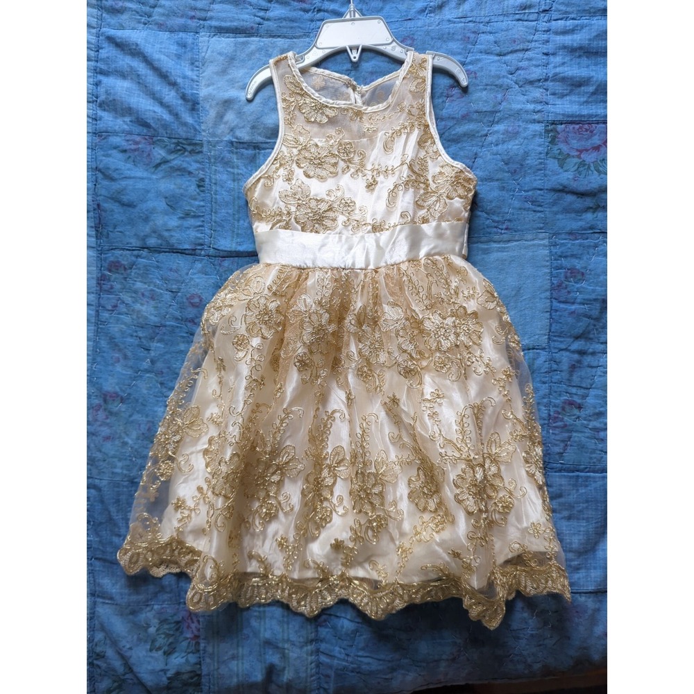 CRB Girl Size 4 Cream and Gold Embroidered Floral Special Occasion‎ Dress